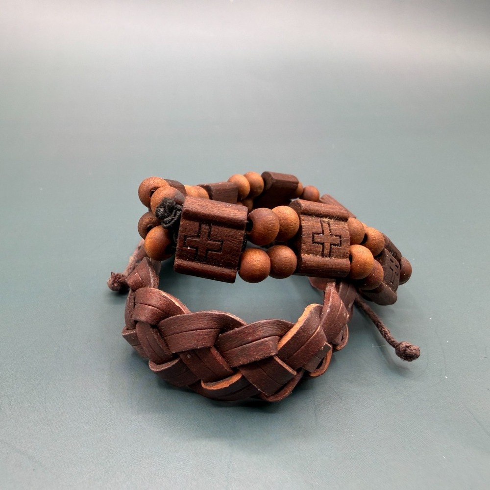 Set of 2 Brown Wooden Bead Braided Cord Cross Bracelets Boho Christian Gift Men - Picture 8 of 17